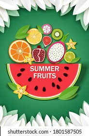 Vector paper cut craft style floral frame with delicious summer fruits. Creative summer food composition of sweet watermelon slice and tropical fruits on green background.