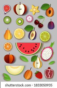 Vector paper cut craft style fresh summer fruits and berries. Sweet watermelon slice, apple, plum, pear, cherry, kiwi, orange, lime, pomegranate, strawberries and tropical fruits. Healthy diet food.