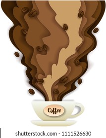 Vector paper cut cup of hot aromatic coffee lettering, coffee beans and steam. Trendy coffee concept design element for banner, flyer, poster etc.
