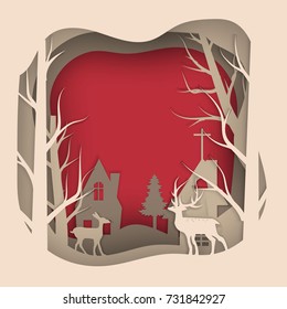 Vector paper cut deer in pine forest for Christmas background New Year card design.