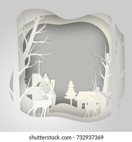 Vector paper cut deer in pine forest for Christmas background New Year card design.