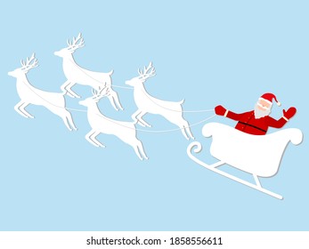 vector paper cut design of santa claus in sleigh and reindeer on christmas day. reindeer flying in the sky with santa's sleigh. happiness gift festival in december.