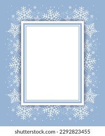 Vector paper cut frame with copy space. White snowflakes, blue confetti on soft blue background. Volumetric, trendy design. Best for polygraphy, print and web.