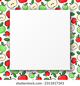 Vector paper cut frame with copy space. Red and green apples, cut slices and seeds on white background. White paper sheet in square frame with fresh ruits.