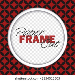 Vector paper cut frame. Round template with copy space. Traditional geometric black ornament on red background.