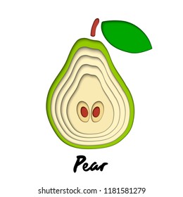 Vector paper cut green pear fruit, cut shapes. 3D abstract paper art style, origami concept design, food packaging, advertising, detox, cosmetics, healthy eating.