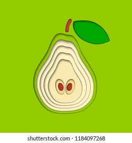 Vector paper cut green pear fruit, cut shapes. 3D abstract paper art style, origami concept design, food packaging, advertising, detox, cosmetics, healthy eating.