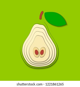 Vector paper cut green pear fruit, cut shapes. 3D abstract paper art style, origami concept design, food packaging, advertising, detox, cosmetics, healthy eating.