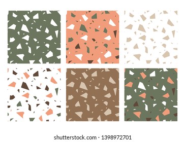 Vector paper cut handcrafted colorful textures. Terrazzo flooring effect, set of abstract seamless pattern. Modern trend illustration.