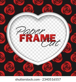Vector paper cut heart frame template with copy space. Stylized red gradient rose flowers on black background.