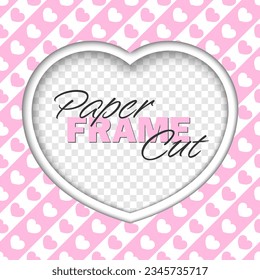 Vector paper cut heart frame template with copy space. Pink and white hearts on diagonal striped background.