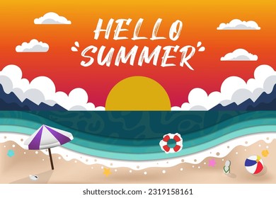 Vector Paper Cut Hello Summer with Sunset and Beach Realistic Illustration
