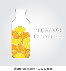Vector paper cut illustarion of lemonade, papercut drink, juice. Citrus, orange slices application. 