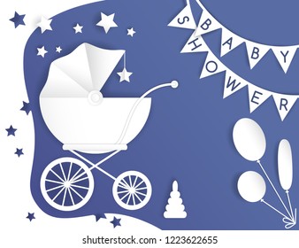 Vector paper cut illustration with baby's stroller. Baby shower card. Blue and white colors