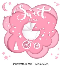 Vector paper cut illustration with baby's stroller. Night sweet dreams spirit. Pink and white colors