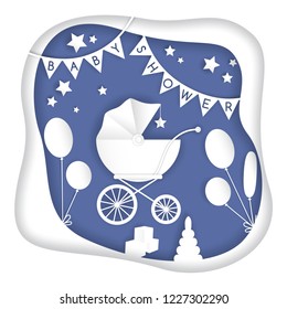 Vector paper cut illustration with baby's stroller. Baby shower card. Blue and white colors