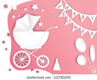 Vector paper cut illustration with baby's stroller. Baby shower card. Pink and white colors