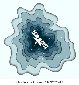 Vector paper cut illustration of a black hole in cosmos and a spaceship