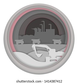 Papel vectorial ilustración de la construcción de plantas de fabricación con pilas de humo, cantera de minería de carbón, maquinaria. Fábrica industrial, concepto de centrales eléctricas de carbón para banner web, página web, etc.