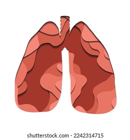 Vector paper cut illustration of pink silhouette of human lungs. 3D medicine clip art of human body organ with curved line. Layered element for articles, banners and educational cards
