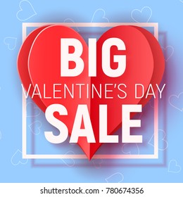 Vector paper cut illustration with red layered heart, white frame and big valentine's day sale text.