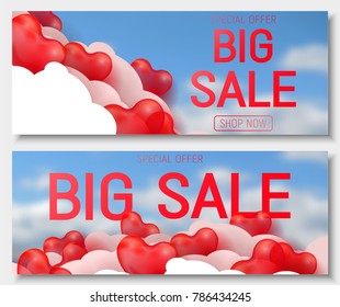 Vector paper cut illustration with red hearts, white clouds and big sale text.