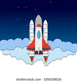 Vector paper cut illustration with rocket, shuttle, sky, clouds. Papercut startup concept, science, business banner, poster.