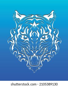 Vector paper cut illustration with silhouette of angry tiger head. Layered card with contour roar formidable predator on blue background. 3D tracery symbol of the eastern new year.
