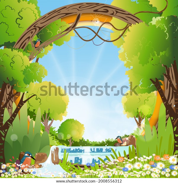 Vector\
Paper cut landscape in spring season with waterfall, Kingfisher\
bird standing looking for fish and some standing on branches tree,\
Cute cartoon of peaceful wildlife in forest\
summer