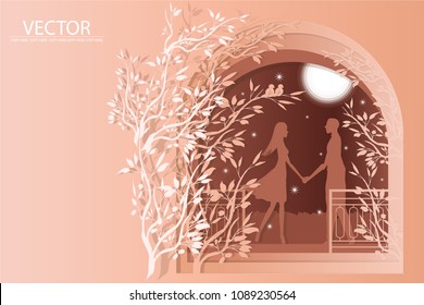 vector paper cut layer.man and woman hold hand in the pink garden backgound.copy space