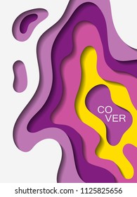 Vector paper cut layout design for presentation, flyer, poster. 3D abstract background with white violet papercut shapes. Vertical paper cutout template for banner, brochure cover, booklet design. 