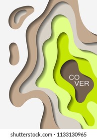 Vector paper cut layout design for presentation, flyer, poster. 3D abstract background with green grey papercut shapes. Vertical paper cutout template for banner, brochure cover, booklet design.