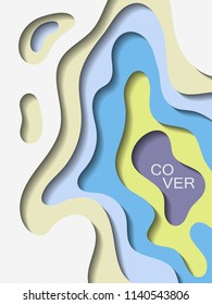 Vector paper cut layout design for presentation, flyer, poster. 3D abstract background with blue grey papercut shapes. Vertical paper cutout template for banner, brochure cover, booklet design.