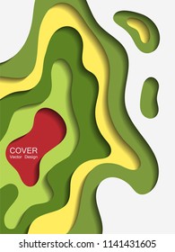 Vector paper cut layout design for presentation, flyer, poster. 3D realistic background with green papercut shapes. Vertical paper cutout template for banner, brochure cover, booklet design.