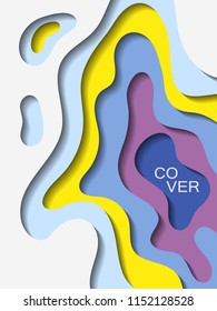 Vector paper cut layout design for presentation, flyer, poster. 3D simple background with blue, yellow papercut shapes. Vertical paper cutout template for banner, brochure cover, booklet design.