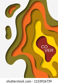 Vector paper cut layout design for presentation, flyer, poster. 3D abstract background with khaki brown papercut shapes. Vertical paper cutout template for banner, brochure cover, booklet design.