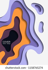 Vector paper cut layout design for presentation, flyer, poster. 3D simple background with violet orange papercut shapes. Vertical paper cutout template for banner, brochure cover, booklet design.