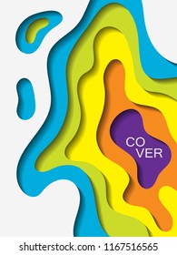 Vector paper cut layout design for presentation, flyer, poster. 3D origami background with blue, yellow papercut shapes. Vertical paper cutout template for banner, brochure cover, booklet design.