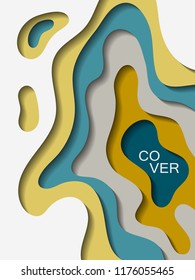 Vector paper cut layout design for presentation, flyer, poster. 3D modern background with teal gold papercut shapes. Vertical paper cutout template for banner, brochure cover, booklet design.