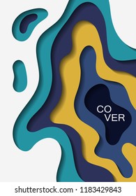 Vector paper cut layout design for presentation, flyer, poster. 3D realistic background with gold blue papercut shapes. Vertical paper cutout template for banner, brochure cover, booklet design.