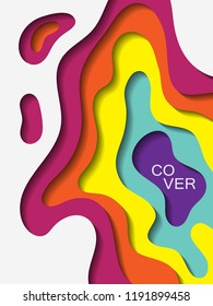 Vector paper cut layout design for presentation, flyer, poster. 3D abstract background with yellow, red papercut shapes. Vertical paper cutout template for banner, brochure cover, booklet design.