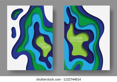 Vector paper cut layouts design collection for covers, flyers, posters. 3D trendy backgrounds with papercut shapes. Vertical paper cutout template for banner, brochure cover, booklet design.