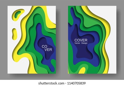 Vector paper cut layouts design collection for covers, flyers, posters. 3D origami backgrounds with papercut shapes. Vertical paper cutout templates for banner, brochure cover, booklet design.
