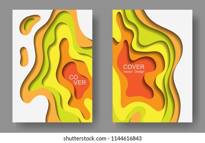 Vector paper cut layouts design collection for covers, flyers, posters. 3D realistic backgrounds with papercut shapes. Vertical paper cutout templates for banner, brochure cover, booklet design.