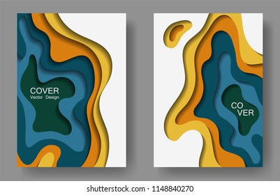 Vector paper cut layouts design set for presentations, flyers, posters. 3D realistic backgrounds with papercut shapes. Vertical paper cutout template for banner, brochure cover, booklet design.