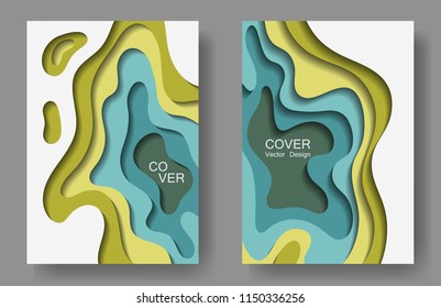 Vector paper cut layouts design set for presentations, flyers, posters. 3D origami backgrounds with papercut shapes. Vertical paper cutout template for banner, brochure cover, booklet design.