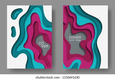 Vector paper cut layouts design collection for covers, flyers, posters. 3D trendy backgrounds with papercut shapes. Vertical paper cutout template for banner, brochure cover, booklet design.