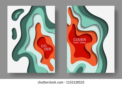 Vector paper cut layouts design set for presentations, flyers, posters. 3D modern backgrounds with papercut shapes. Vertical paper cutout template for banner, brochure cover, booklet design.