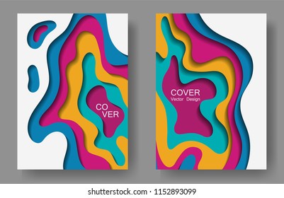 Vector paper cut layouts design set for presentations, flyers, posters. 3D realistic backgrounds with papercut shapes. Vertical paper cutout templates for banner, brochure cover, booklet design.
