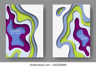 Vector paper cut layouts design collection for covers, flyers, posters. 3D realistic backgrounds with papercut shapes. Vertical paper cutout templates for banner, brochure cover, booklet design.